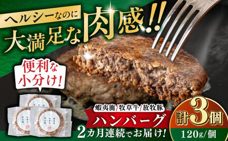[全2回定期便] [蝦夷鹿×牧草牛×放牧豚]ハンバーグ 3個 [厚真町][GOODGOOD株式会社] ハンバーグ 鹿肉 牛肉 豚肉 小分け 冷凍配送 北海道[AXBP014]