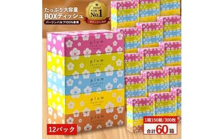 [ふるさと納税] ティッシュ ティッシュペーパー 1箱150組/300枚 5箱×12パック 合計60箱 [ 常備品 生活用品 まとめ買い 蛍光染料不使用 日用品 日用雑貨 日用消耗品 ] [配送不可地域:北海道・沖縄県・離島]