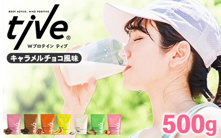 プロテイン キャラメルチョコ風味(500g) tive ホエイ ソイ ダブルプロテイン 人工着色料・保存料不使用 グルテンフリー たんぱく質含有量73％ アミノ酸スコア100 ダイエット コラーゲン ヒアルロン酸 送料無料【man229-C】【味源】