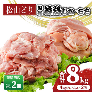 [定期便2回]松山どり むね 2kg×1パック もも肉 2kg×1パック ×2回 計8kg