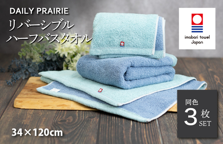 (今治タオルブランド認定)DAILY PRAIRIE リバーシブルハーフバスタオル 3枚セット (ミント/ブルー) [I002950ST3MT/B]