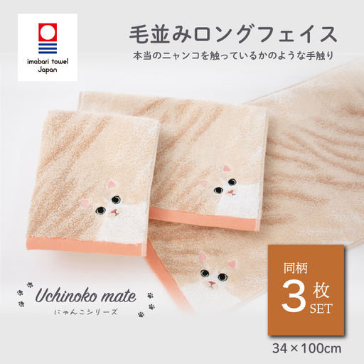 (今治タオル)Uchinoko mate にゃんこシリーズ 毛並みロングフェイスタオル3枚セット(ハチワレ/クリーム)