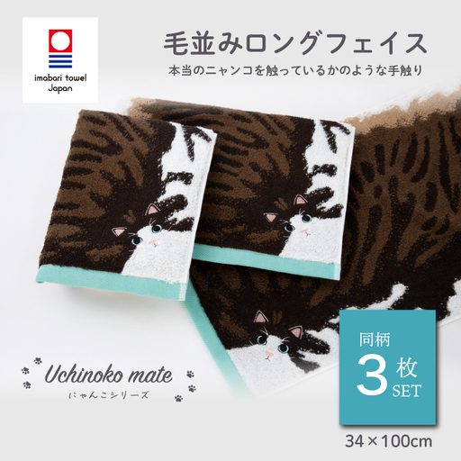 (今治タオル)Uchinoko mate にゃんこシリーズ 毛並みロングフェイスタオル3枚セット(ハチワレ/ブラウンタビーホワイト)