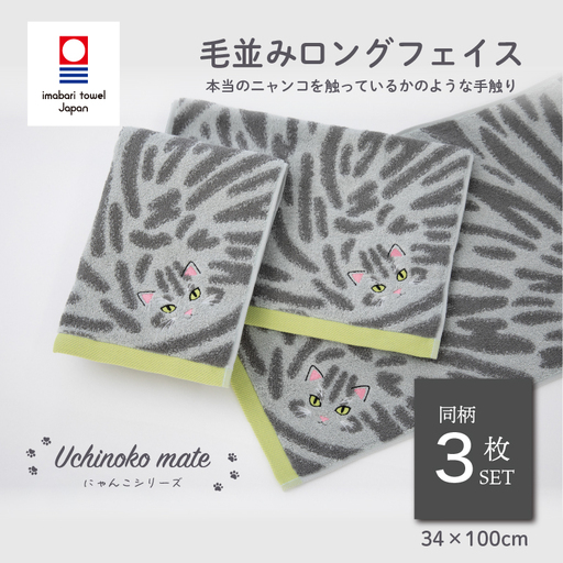 (今治タオル)Uchinoko mate にゃんこシリーズ 毛並みロングフェイスタオル3枚セット(サバトラ/シルバータビー)