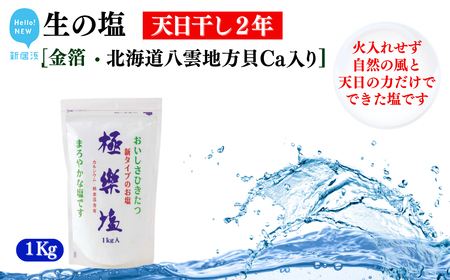 天日干し2年 火入れしない生の塩 「極楽塩」 1kg×1袋 金箔 貝カルシウム入り 食べる楽しさを極め 食塩 食卓塩 海塩 調味料