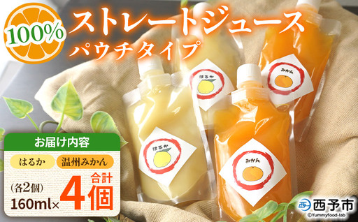 [温州みかん&はるか100%ストレートジュース パウチタイプ 160ml×各2個 計4個]『1か月以内に順次発送予定』飲み比べ セット 果物 くだもの フルーツ 柑橘類 みかん 蜜柑 ミカン みかんジュース 飲料 渡江から一歩を踏み出す会 愛媛県 西予市[常温]ATI0047