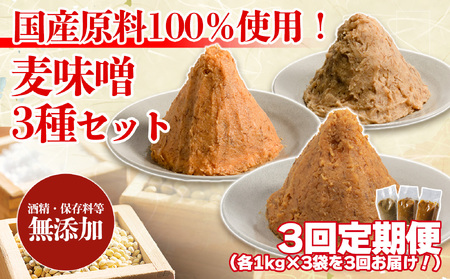 【3回定期便】麦みそ 3種セット 1kg 各3個 計9kg | 甘口 中辛 合わせ 減塩 低塩 麦みそ 国産 大麦 大豆 味噌 みそ 粒みそ 調味料 麹 こうじ 味噌汁 みそ汁 愛媛県 松前町 えひめけん まさきちょう 【GNM013】