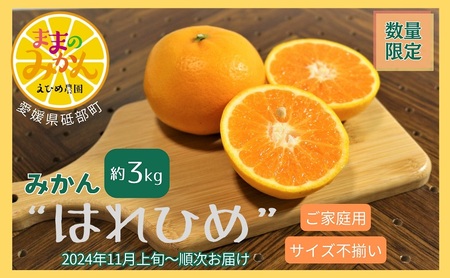 [産地直送][数量限定]みかん「はれひめ」サイズ不揃い3キロ家庭用 11月上旬頃〜順次発送[訳あり ふぞろい 甘い みかん 愛媛]