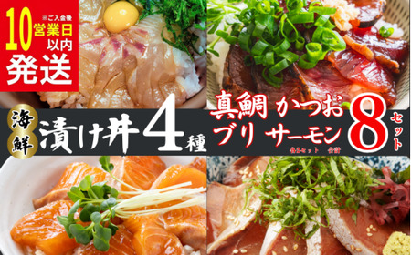 [10営業日以内発送] 漬丼 厳選 4種 8食 セット 真鯛 カツオ ブリ サーモン 10000円 食べ比べ 漬け丼 づけ丼 海鮮丼 鯛 たい かつお 鰹 鮭 冷凍 人気 魚介 海鮮 食べ比べ お手軽 加工品 簡単 晩ごはん 小分け パック 新鮮 鮮魚 養殖 国産 詰め合わせ ギフト プレゼント 本格 ふるさと納税 南予ビージョイ 愛南町 愛媛県
