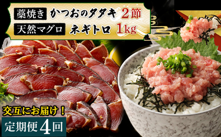 [交互定期便 / 4ヶ月連続] 土佐流 藁焼き かつおのたたき 2節 と 高豊丸 ネギトロ 1kg 魚介類 海産物 カツオ 鰹 わら焼き ねぎとろ まぐろ マグロ 鮪 高知 コロナ 緊急支援品 海鮮 冷凍 家庭用 訳あり 不揃い 規格外 連続 4回 [ふるなび限定]