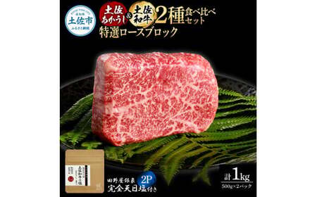 土佐あかうし&土佐和牛2種食べ比べ 特選ロースブロック500g 計2P 田野屋銀象完全天日塩2P付 牛肉 肉 お肉 和牛 国産 牛 赤身 ヒレ カルビ ロース ブロック サーロイン 熟成肉