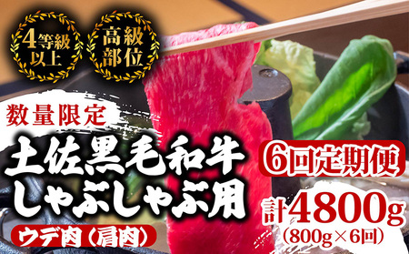 [定期便6回]土佐黒毛和牛ウデ肉しゃぶしゃぶ用 計4.8kg(800g×6ヶ月連続お届け) 3Aコース 