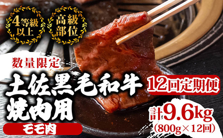 [定期便12回]土佐黒毛和牛モモ肉焼肉用 計9.6kg(800g×12ヶ月連続お届け) 3Rコース 