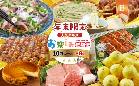 [ 年末限定 ] 8回 定期便 四万十 人気グルメ お楽しみ定期便 しまんと ふるさと 10万円 Bコース 今だけ 鰻 牛肉 豚肉 パン 魚 タタキ カツオ うどん 柑橘 はるか フルーツ ケーキ ごちそう 贅沢 豪華 高知 四万十市 25-815