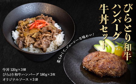 びらとり和牛ハンバーグ180g3枚・牛丼120g3個セット オリジナルソース付 ふるさと納税 人気 おすすめ ランキング 和牛 肉 ハンバーグ 牛丼 北海道 平取町 送料無料