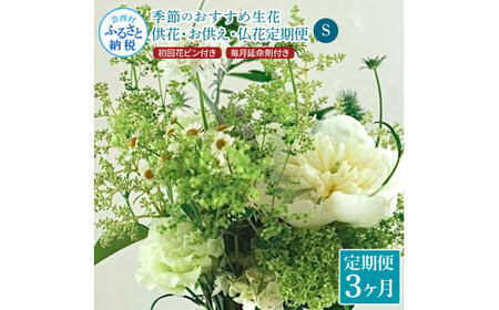 [3ヵ月定期便]花束一束 お供え 初回花瓶付S 定期便 定期コース 全3回 初回花瓶付き 延命剤付き 花びん 生花 仏花 供花 花束 はな 花 法要 お盆 お花 おすすめ