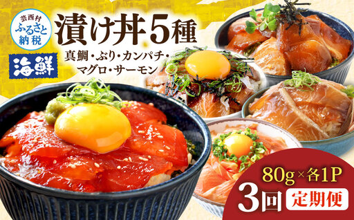 漬け丼5種セット 真鯛・ブリ・カンパチ・マグロ・サーモン 1食80g×各1P 3回定期便 タイ 鰤 鮪 海鮮丼 刺身 海鮮 魚介 魚 お茶漬け 炊き込みご飯 惣菜 おかず 冷凍 配送
