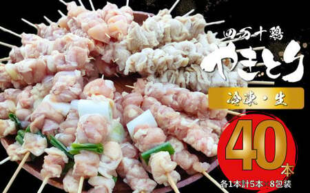 [ふるさと納税][生・冷凍]四万十鶏のやきとり 計40本 国産鶏 焼き鳥 焼鳥串 5種(せせり もも にんにくま ねぎま かわ 各1本)5本1袋 ×8パック 銘柄鶏 タレ・塩付 BBQ 焼いてない ソロキャン 串の ヤキトリ 日 hidori