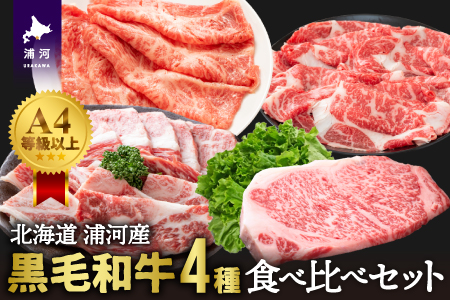 A4等級以上!「北海道浦河産黒毛和牛」4種食べ比べセット(計900g)[28-1150]