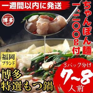 (ちゃんぽん麺1200g付)博多特選もつ鍋(プリプリの国産牛小腸のみ使用7〜8人前・醤油味)福岡ブランド[1週間以内に発送!]
