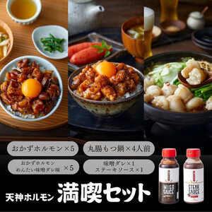 天神ホルモン究極満喫セット (おかずホルモン(天神味噌ダレ味)75g×5パック おかず (めんたい味噌ダレ味)75g×5パック もつ鍋セット×2セット(国産丸腸200g×2、九州醤油スープ600ml×2、薬味×) ×1本、ステーキソース×1本