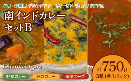 ダルマサーガラ 南インドカレーセットB_南インドカレー セット 3種 各1パック 計750g カレー ダルマサーガラ 野菜カレー 豆のカレー 薬膳スープ 中辛 野菜 豆 ムングダル 薬膳 酸味 スープ 本場 食品 インド料理の専門店 冷凍 お取り寄せ 福岡県 久留米市 送料無料_Ca037