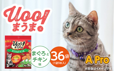A Pro 猫用おやつ Uoo!まうま(まぐろ&チキン味)9本×36袋_A Pro 猫用 おやつ Uoo!まうま 9本 × 36袋 計 324本 まぐろとチキン キュート コロコロ形状 しっとり 2層 健康維持 サポート お手軽 多頭飼い キャットフード 福岡県 久留米市_Pf043-02