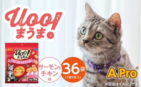 A Pro 猫用おやつ Uoo!まうま(サーモン&チキン味)9本×36袋_A Pro 猫用 おやつ Uoo!まうま 9本 × 36袋 計 324本 サーモンとチキン キュート コロコロ形状 しっとり 2層 健康維持 サポート お手軽 多頭飼い キャットフード 福岡県 久留米市_Pf043-03