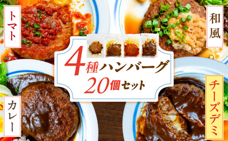 ハンバーグ食べ比べ20個セット_4種 20個 チーズデミ 和風 トマトソース カレーソース ハンバーグ 各5 冷凍 温めるだけ 湯煎 レンジ 電子レンジ バラエティ 包装 小分け 食べ比べ お弁当 簡単調理 お取り寄せ お取り寄せグルメ 福岡県 久留米市 送料無料_Ax405