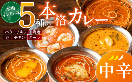 [中辛]ビスヌ 本格カレー 5種_ビスヌ 本格 カレー 5種 バターチキン 豆 海老 チキン キーマ 各 1個 中辛 インドカレー スパイス こだわり インド 直輸入 Aランク できたて 冷凍 真空パック お取り寄せ 福岡県 久留米市 送料無料_Ca046-02