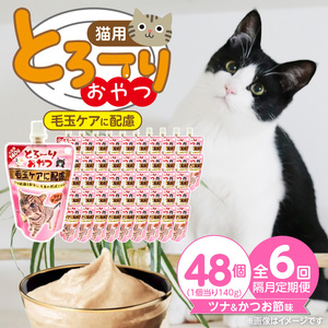 【隔月6回 定期便】とろーりおやつ 猫用（毛玉ケアに配慮 ツナ＆かつお節味）140g×48個 _ 定期便 隔月 全6回 とろーりおやつ 猫用 140g × 48個 × 6回 ツナ＆かつお節味 毛玉ケア 液状タイプ とろりなめらか食感 おやつ 水分補給 低カロリー 体重管理 長期保存 キャップ付き スパウトパウチ 福岡県 久留米市  〔Tk099-02〕