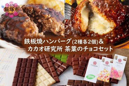 鉄板焼ハンバーグ(2種各2個)＆カカオ研究所 茶葉のチョコセット(カカオ研究所 チョコレート 抹茶 珈琲 ほうじ茶 ハンバーグ デミグラスソース)【A8-085】