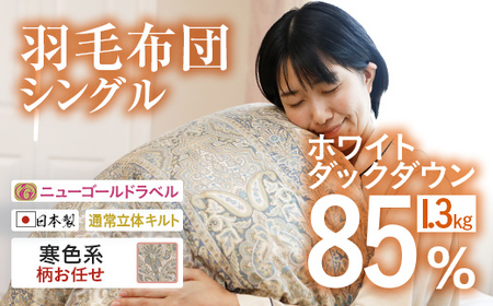 ホワイトダックダウン85％（1.3kg）使用　羽毛掛布団シングル（ブルー系／柄お任せ）