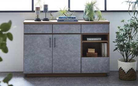 ハリーファ120キャビネット 収納棚 強化紙 フルオープン三段レール ナチュラル 木目 ストーン柄 北欧モダン リビング スリム 家具 インテリア 福岡県 柳川市 送料無料