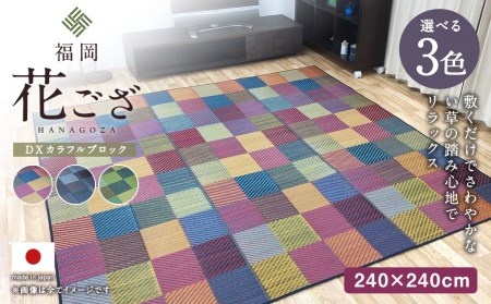 福岡 花ござ DXカラフルブロック 240×240cm(ブルー/グレイ/グリーン) カーペット ラグ