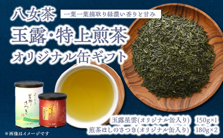 八女茶 玉露・特上煎茶オリジナル缶ギフト[一葉一葉摘取り緑濃い香りと甘み] 001-018