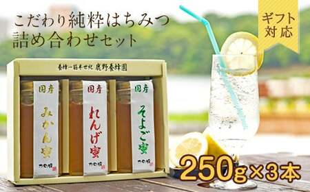 [ギフト用]かの蜂 国産 蜂蜜 3本セット250g×3本(れんげ・みかん・そよご) 024-038-GFT