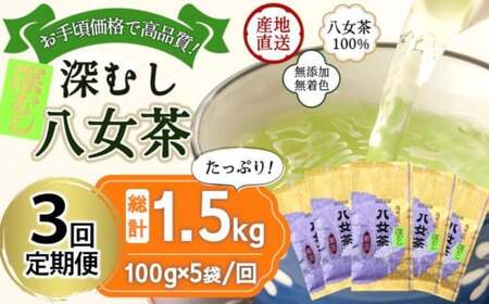 [定期便]八女茶100% 深むし茶 計1.5kg(2カ月毎に100g5袋×3回) [岩崎園製茶]