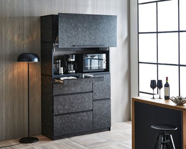 【開梱設置】食器棚 レンジ台 ナポリスライドアップ扉タイプ 幅120 ストーンブラック キッチンボード 家具
