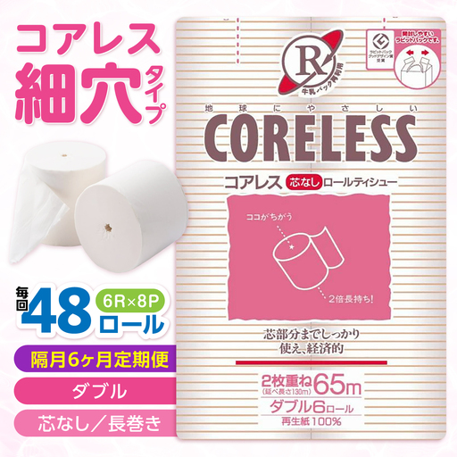 【隔月配送 全6回定期便】【細穴タイプ】トイレットペーパー ダブル 長巻き 65m 6ロール×8パック エコ コアレス 《豊前市》【大分製紙】[VAA173]