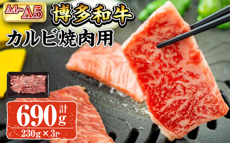A4~A5 博多和牛カルビ焼肉用カルビ焼肉 (計690g:230g×3P) 牛肉 肉 お肉 精肉 国産牛 ブランド牛 和牛 小分け パック 使い勝手 冷凍 BBQ アウトドア キャンプ グルメ おすすめ 人気[ksg1761][朝ごはん本舗]