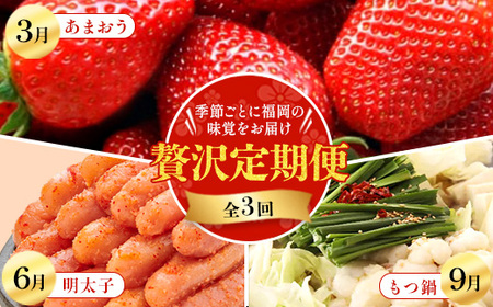 [発送月固定定期便]季節ごとに福岡の味覚をお届け!あまおう・明太子・もつ鍋の贅沢定期便全3回[配送不可地域:離島]