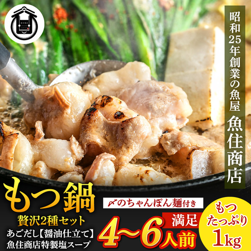 塩&あごだし醤油 贅沢もつ鍋2種セット[たっぷりもつ1kg入り][魚住商店]_HA1682 4〜6人前 チャンポン麺付き モツ鍋 鍋 ホルモン もつ もつ鍋 塩 モツ鍋 あご出汁醬油 出汁つき 小分け 冷凍 福岡県宗像市 宗像市 福岡 宗像
