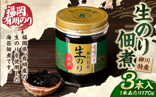 福岡有明のり 柳川特産 生のり佃煮 3本入(170g×3)計510g 海苔 つくだ煮 ご飯のお供 海藻 加工食品 常温