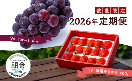 [朝倉市制施行20周年記念企画] 定期便 2回 うるう農園 2026年1月発送 特選 あまおう 400g ゆう美果樹園 2026年9月発送 ピオーネ 1〜3房 約1kg いちご ピオーネ セット ※配送不可:離島