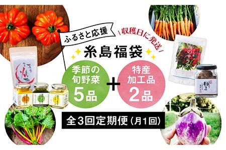 [全3回定期便]朝採り季節のオーガニック旬野菜お任せ5品+糸島産の大ヒット特産加工品2品(ジャム、ドレッシング、醤油、天然塩、乾物、佃煮、お漬物、etc…)[糸島市][AGE029] 福袋 野菜 やさい 加工品 セット 詰め合わせ 毎月 月1回 福袋 やさい セット 詰め合わせ 毎月 月1回