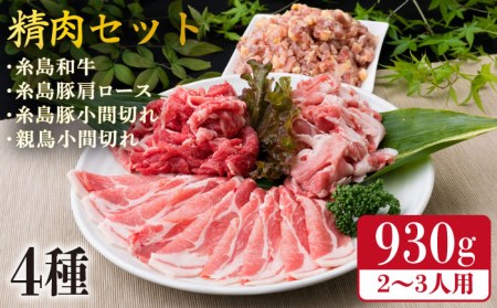 牛肉 豚肉 鶏肉 日常使いの精肉セット 930g 2-3人前 4種[糸島市][糸島ミートデリ工房][ACA192] 糸島 和牛 牛肉 豚肉 鶏肉 BBQ 焼肉 肉 牛 豚 鶏 普段 キャンプ 肉セット 和牛 BBQ 焼肉 国産 牛 豚 鶏 料理 家庭用 セットキャンプ アウトドア