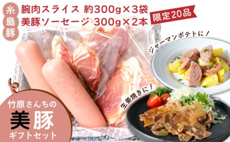 [限定20品!]竹原さんちの美豚ギフトセットA(ソーセージ300g×2本+腕スライス約300g×3袋) 糸島市 / 竹原さんちの美豚 豚肉 スライス[AHK001] 豚肉ソーセージ 豚肉ギフト 豚肉しゃぶしゃぶ 豚肉スライス 豚肉生姜焼き