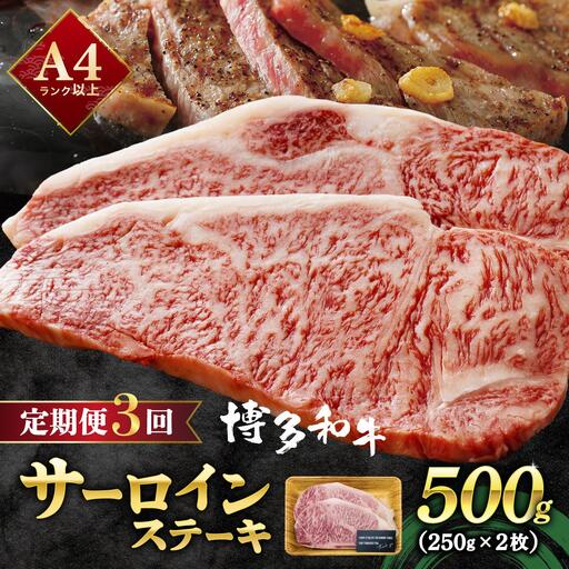 ＜定期便・全3回＞A4ランク以上！博多和牛 サーロインステーキ 500g（250g×2枚）