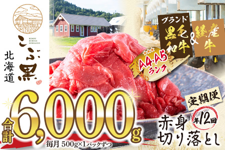 [ 定期便 12回 ] 北海道産 黒毛和牛 こぶ黒 赤身 切り落とし 500g (全 6kg ) 毎月 届く 牛肉 ブランド 和牛 訳あり 不揃い 牛 ビーフ